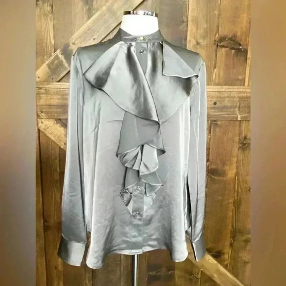 Lauren Ralph Lauren Gray Ruffle Blouse NWOT - Picture 2 of 9